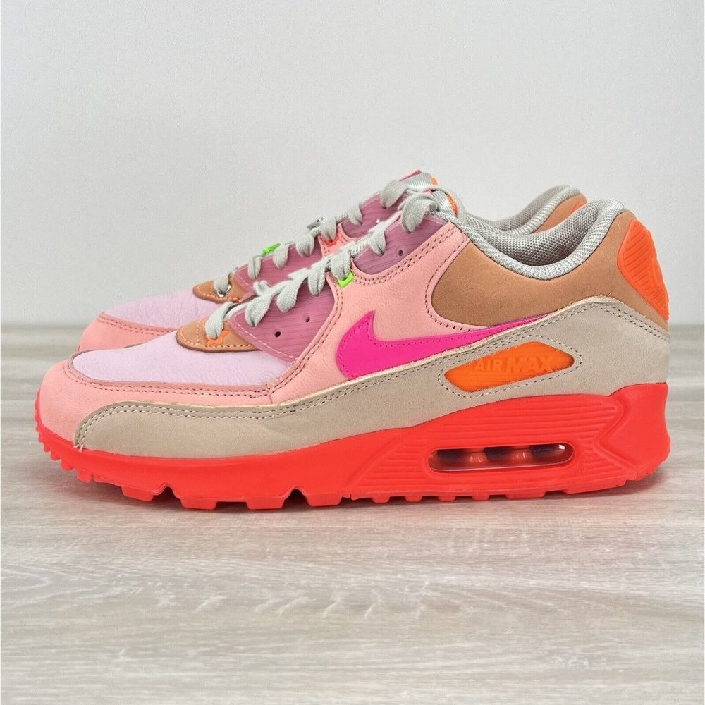 Nike Women's Air Max 90 Pink Hot Coral and Tan Sneakers - Picture 2 of 11